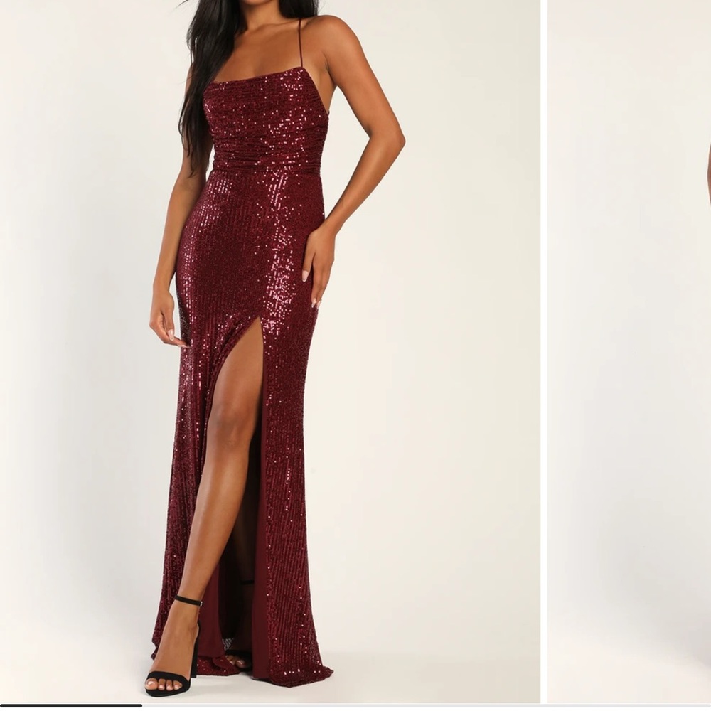 Lulu’s Burgundy Sequin Lace-Up Maxi Dress